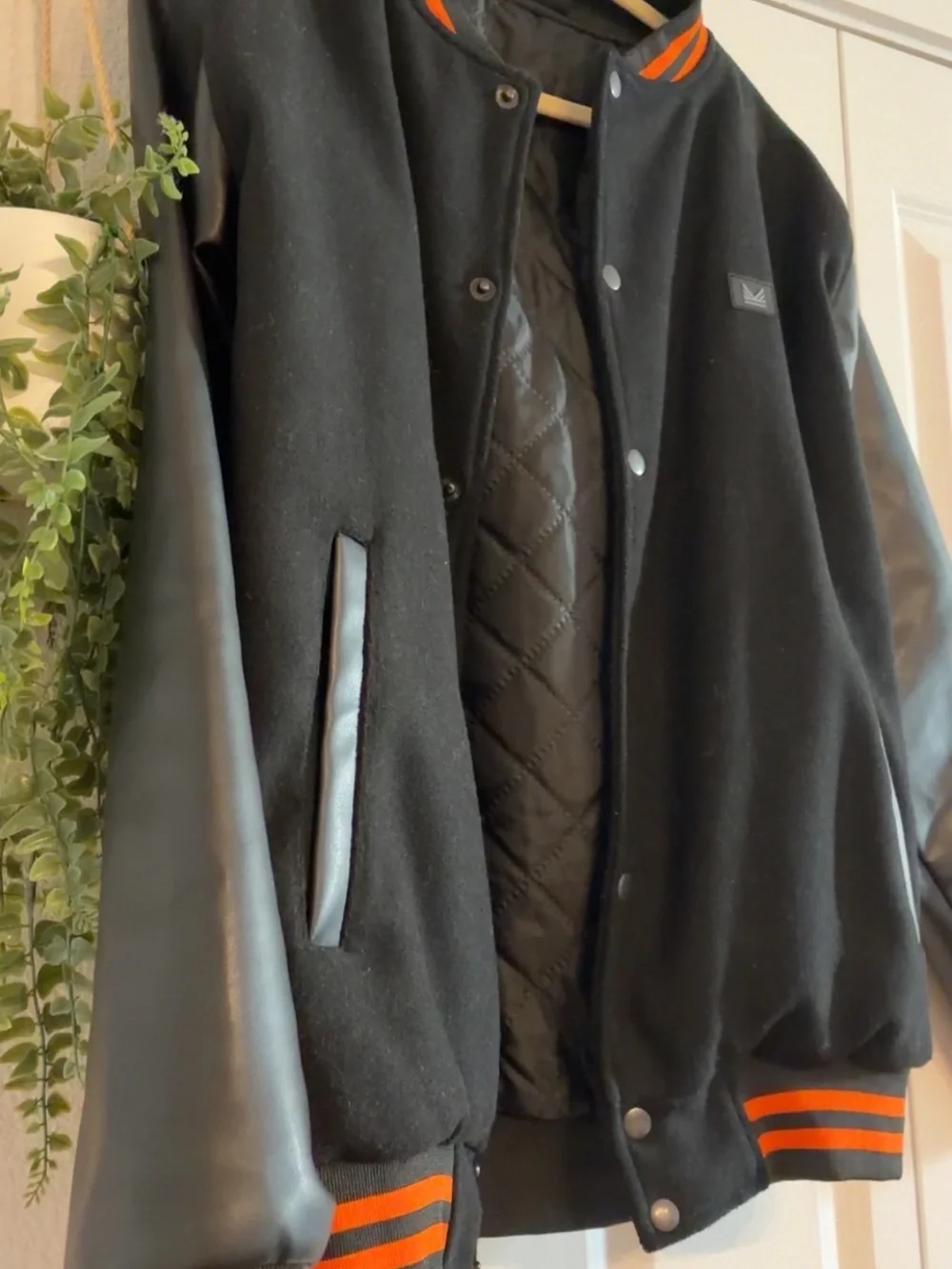 Black Varsity Jacket with Orange Stripe Trim